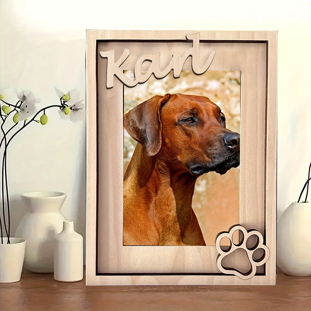 Cadre photo personnalisé pour animaux de compagnie avec nom et empreinte de pattes, en bois