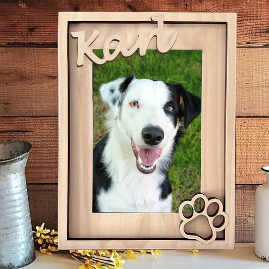Cadre photo personnalisé pour animaux de compagnie avec nom et empreinte de pattes, en bois