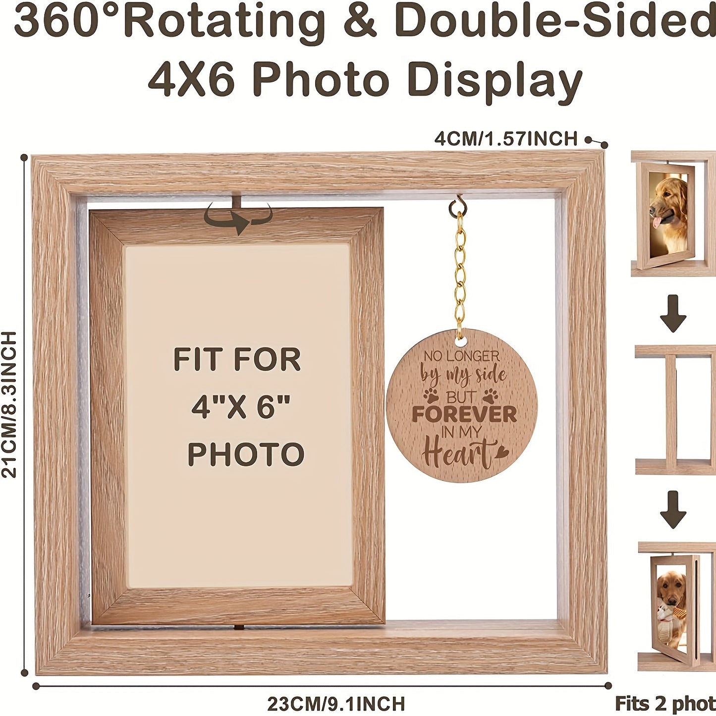 Cadre photo en bois avec pendentif commémoratif pour animaux de compagnie - Double face pour honorer chiens et chats - Un souvenir gravé avec « Forever in My Heart »