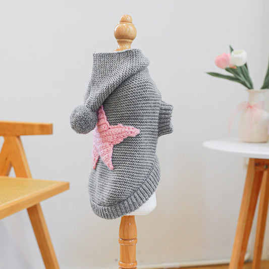 Pull tricoté gris – Étoile rose & pompon – photo produit 2