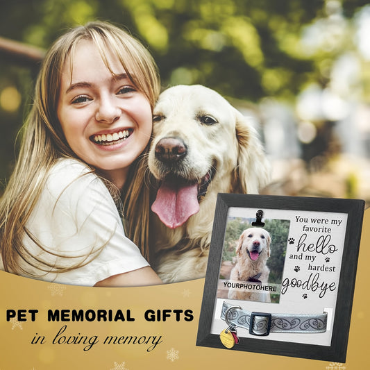 Cadre photo commémoratif en bois pour animaux de compagnie, avec gravure « Favorite Hello and Hardest Goodbye », emplacement pour une photo et un emplacement pour accrocher le collier de votre animal disparu