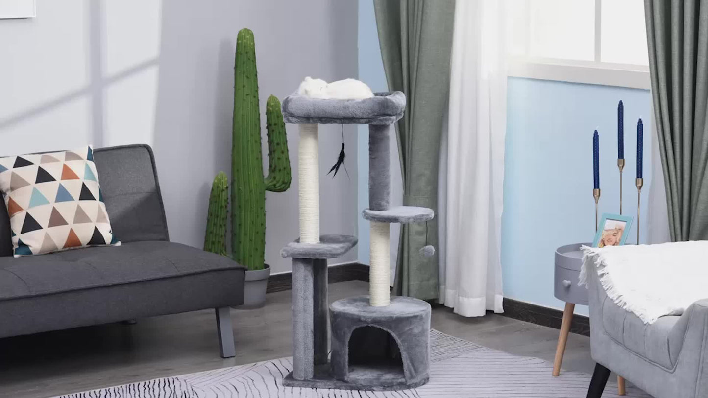 Arbre à chat avec poteaux à griffer, plateforme de nidification et peluche, 2 jouets suspendus et 1 cachette fermée, gris
