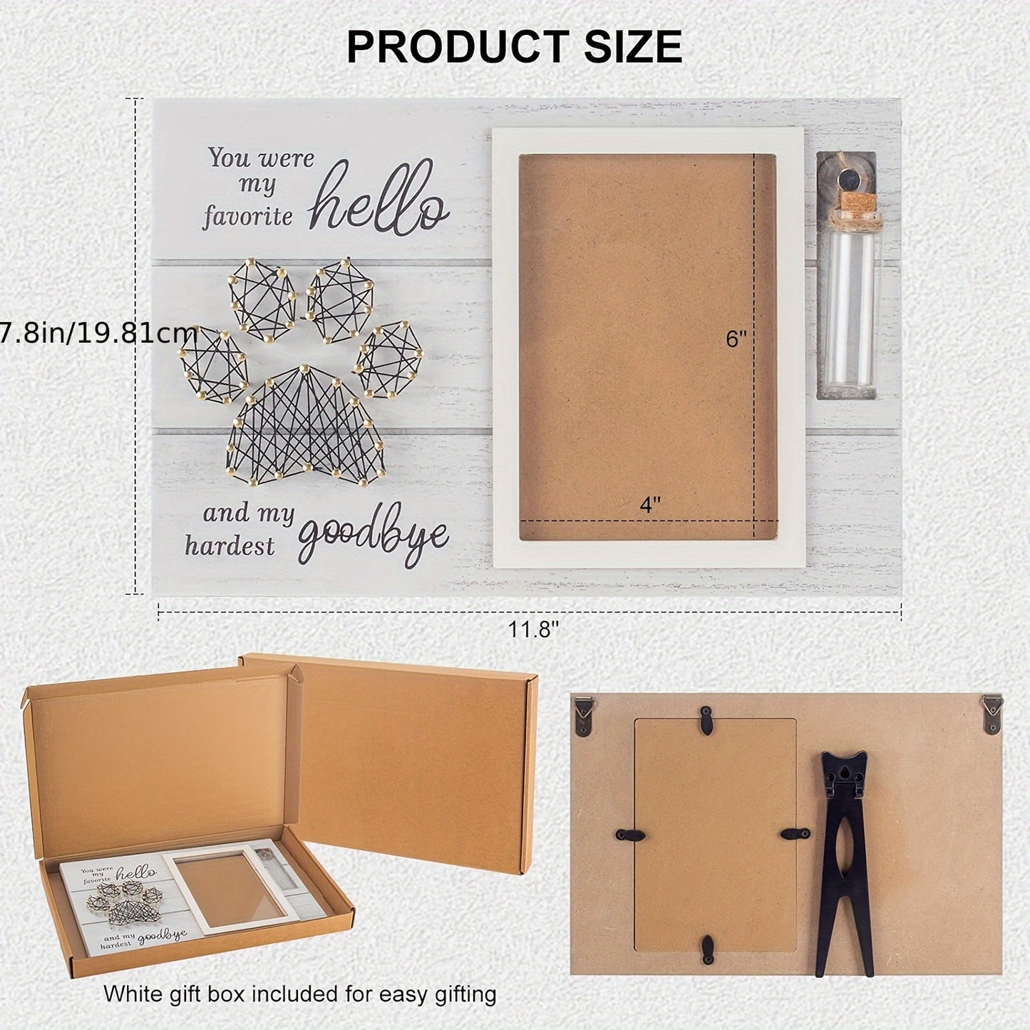 Cadre photo commémoratif en bois pour animaux de compagnie avec empreinte de patte en fil métallique et bouteille en verre pouvant contenir les poils de votre compagnon disparu