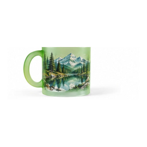 Mug en verre givré vert – création lac et montagne
