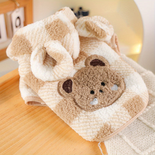 Sweat à capuche pour chien, motif à carreaux avec tête d'ourson et petites oreilles, mignon et bien chaud