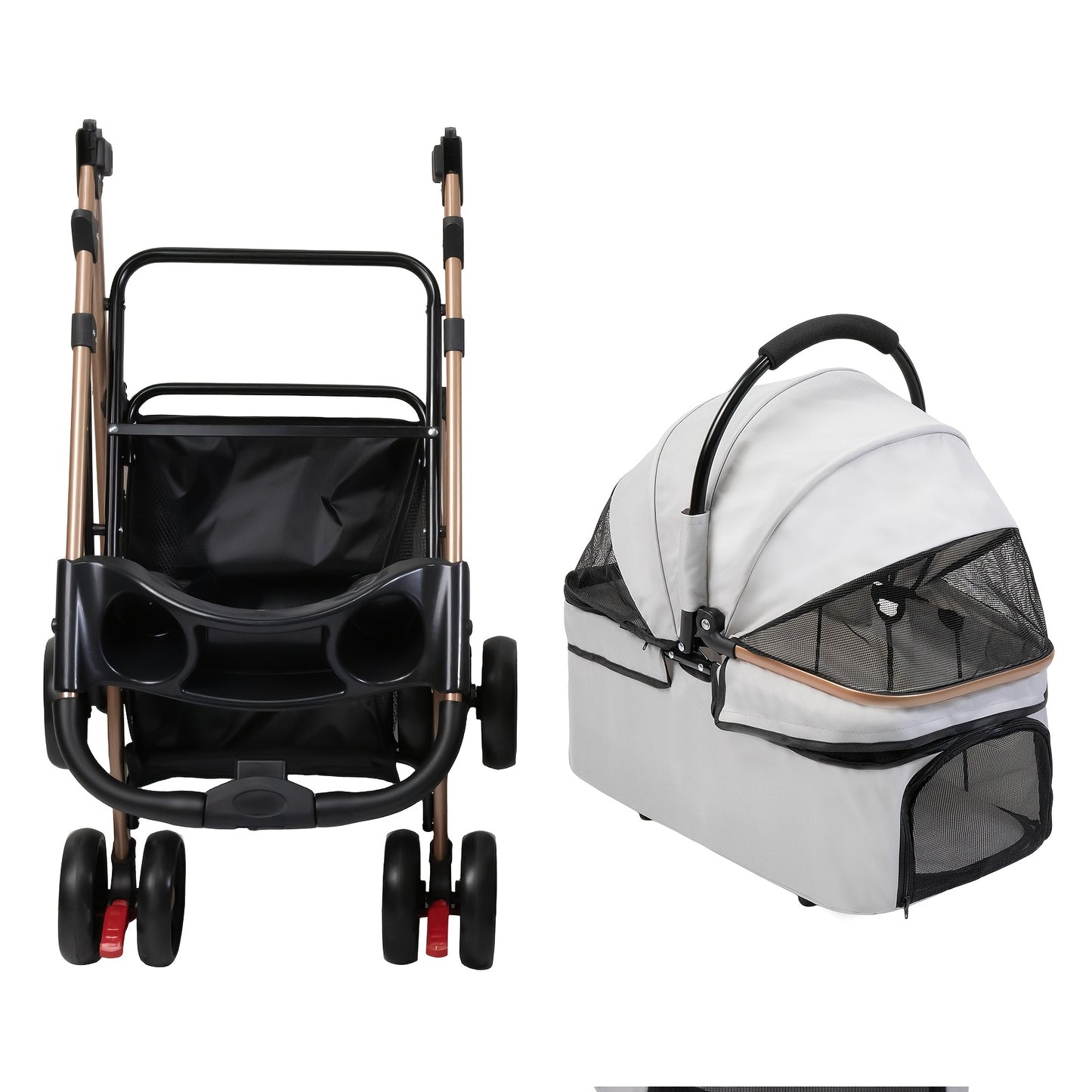 Poussette pour chien et chat 2 en 1, multifonctionnelle avec 4 doubles roues, tout terrain, panier amovible, pliable et compacte, en maille respirante, jusqu'à 25 kg, grise