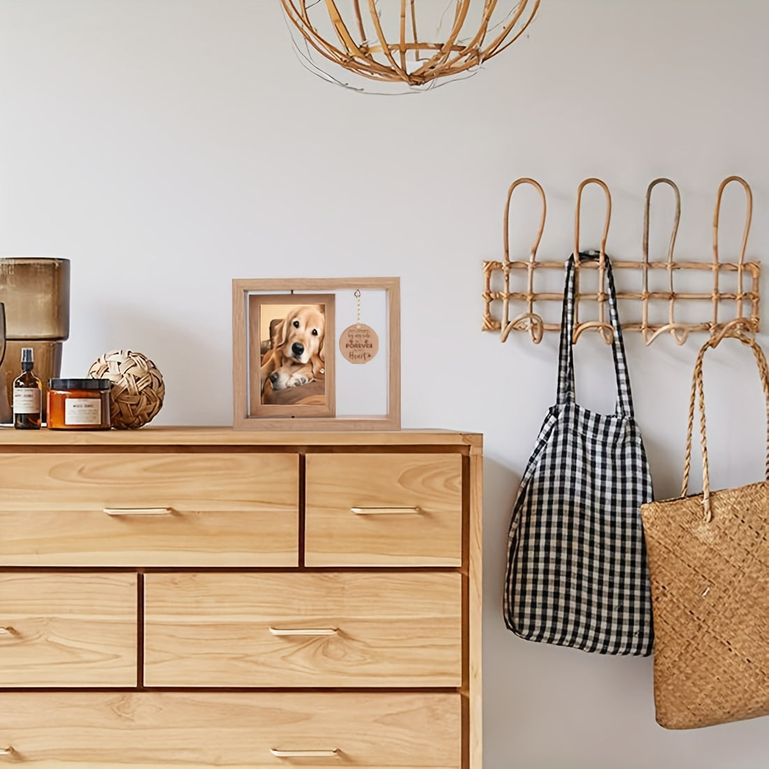 Cadre photo en bois avec pendentif commémoratif pour animaux de compagnie - Double face pour honorer chiens et chats - Un souvenir gravé avec « Forever in My Heart »