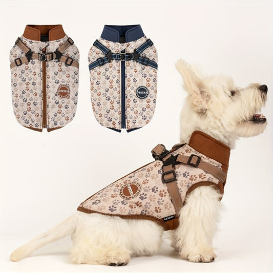 Manteau pour chien, doublé d'un polaire pour garder votre compagnon au chaud, harnais intégré ajustable, bandes réfléchissantes, motif de pattes, diverses couleurs