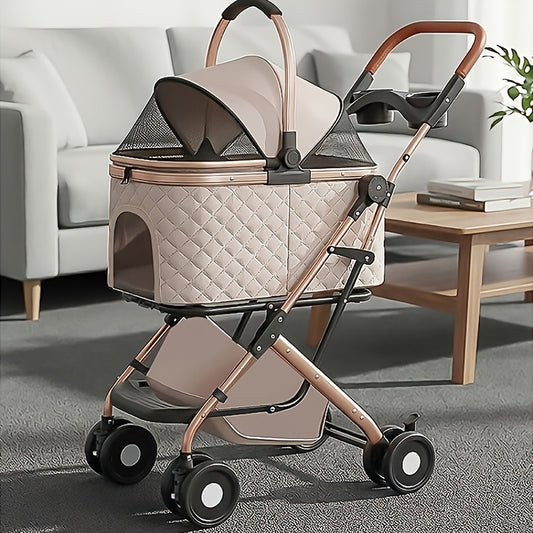 Poussette pour chien et chat 2 en 1, multifonctionnelle avec 4 doubles roues, tout terrain, panier amovible, pliable et compacte, en maille respirante, diverses couleurs