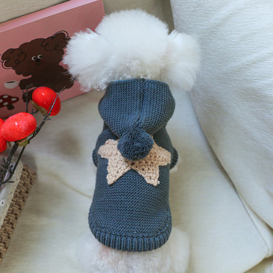 Pull à capuche tricoté pour chien, gris anthracite avec étoile beige dans le dos, pompon sur la capuche, bien chaud, facile à enfiler