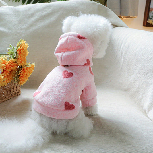 Sweat à capuche épais et confortable pour chiens, rose avec petits cœurs rouges