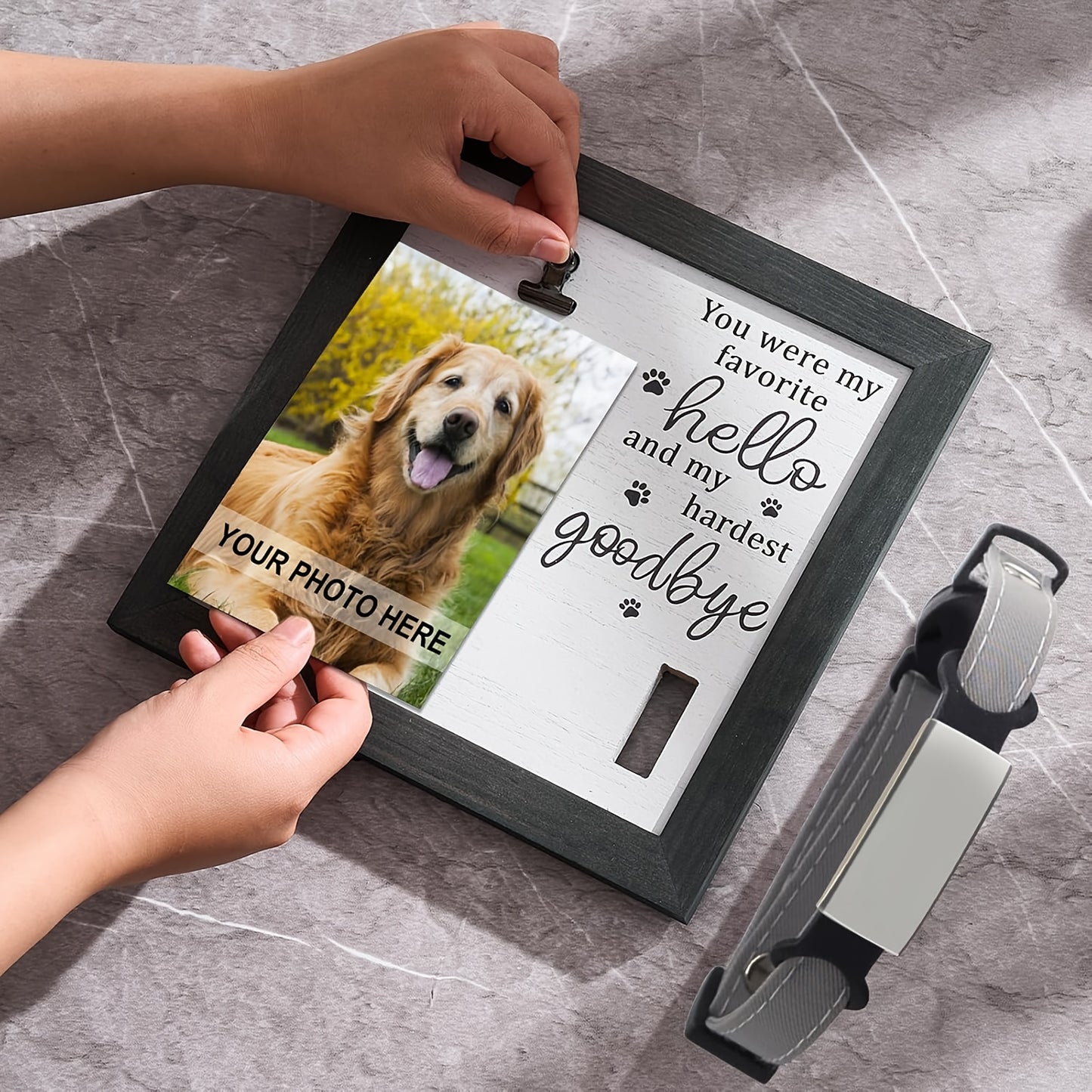 Cadre photo commémoratif en bois pour animaux de compagnie, avec gravure « Favorite Hello and Hardest Goodbye », emplacement pour une photo et un emplacement pour accrocher le collier de votre animal disparu