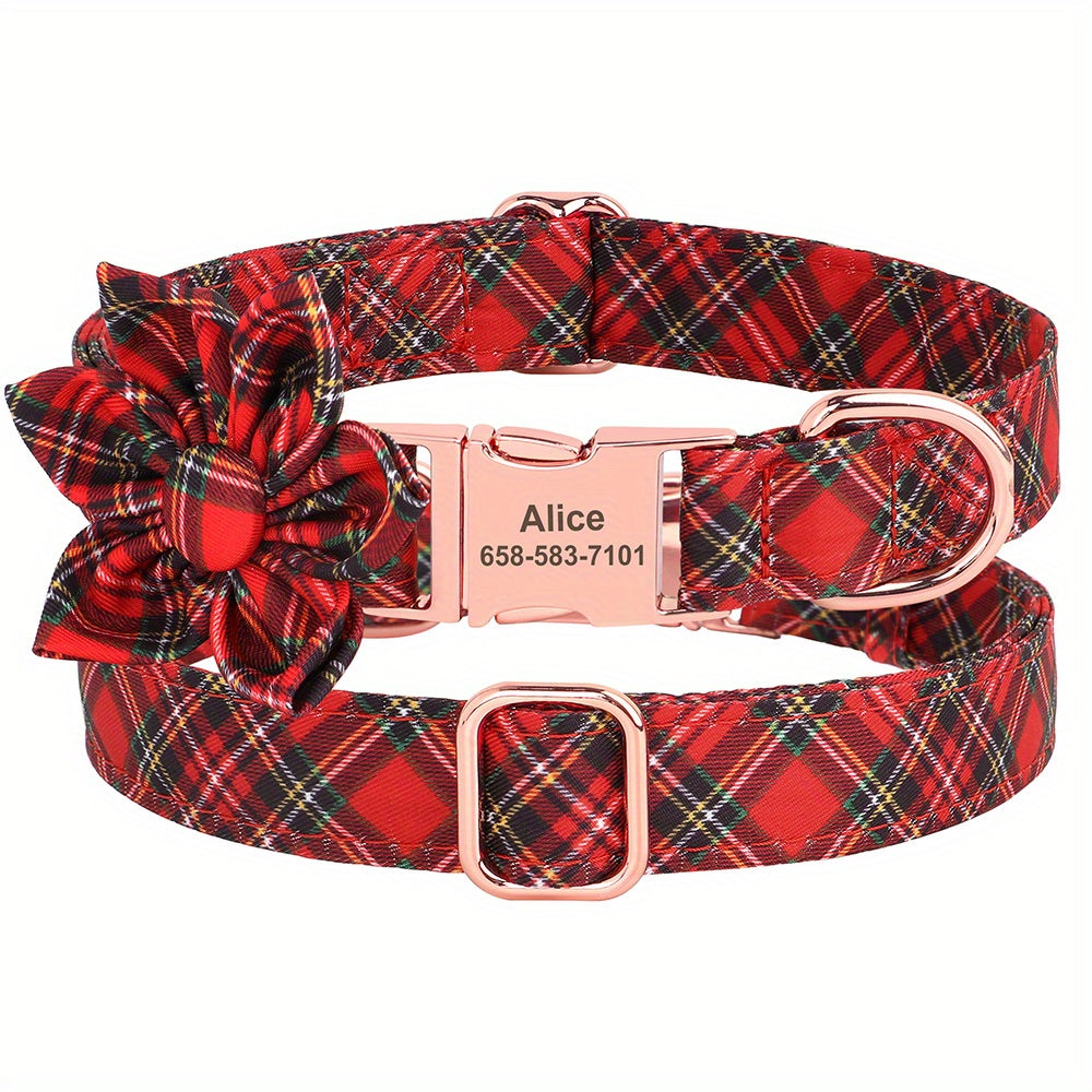 Personalized Small, Medium, Large Dog Collars - Customizable Flower Pattern, Plaid Design, Adjustable, Durable, ID Tag, Pet Name, Gift Idea - Perfect for Christmas, Holiday Season