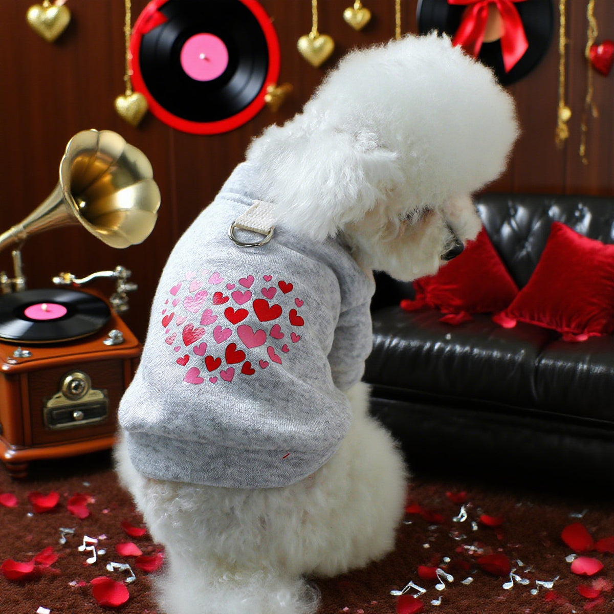 Pull gris à petits cœurs – Anneau pour laisse – photo produit 6