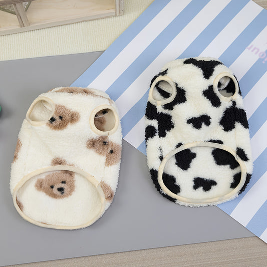 Pull pour chien en polaire, tout doux et bien chaud, motifs d'ourson ou de vache avec 1 anneau intégré pour partir en balade