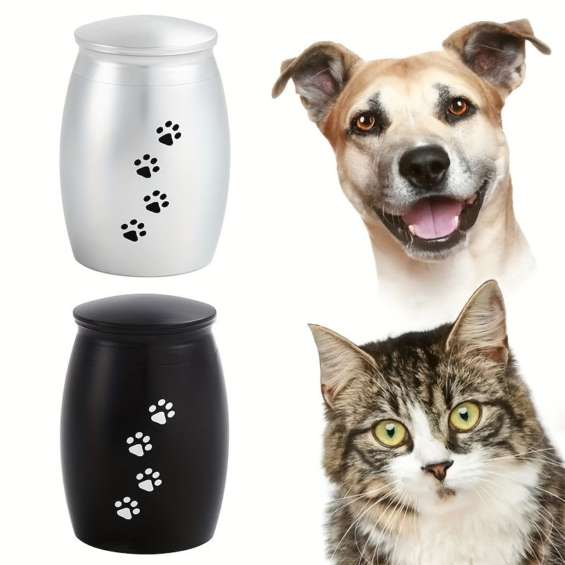 Paire d'urnes funéraires miniatures noires et argentées pour animaux de compagnie - Contenants en aluminium pour les cendres et les poils de chiens ou de chats, ornées d'une empreinte de patte