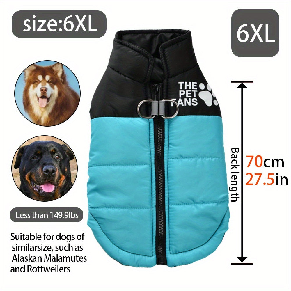 Veste pour chien toutes tailles Manteau d'hiver chaud avec fermeture éclair sur toute la longueur et col imprimé pattes - Turquoise et noir Manteau léger pour chiens de petite, moyenne et grande taille - Pull facile à enfiler et à retirer