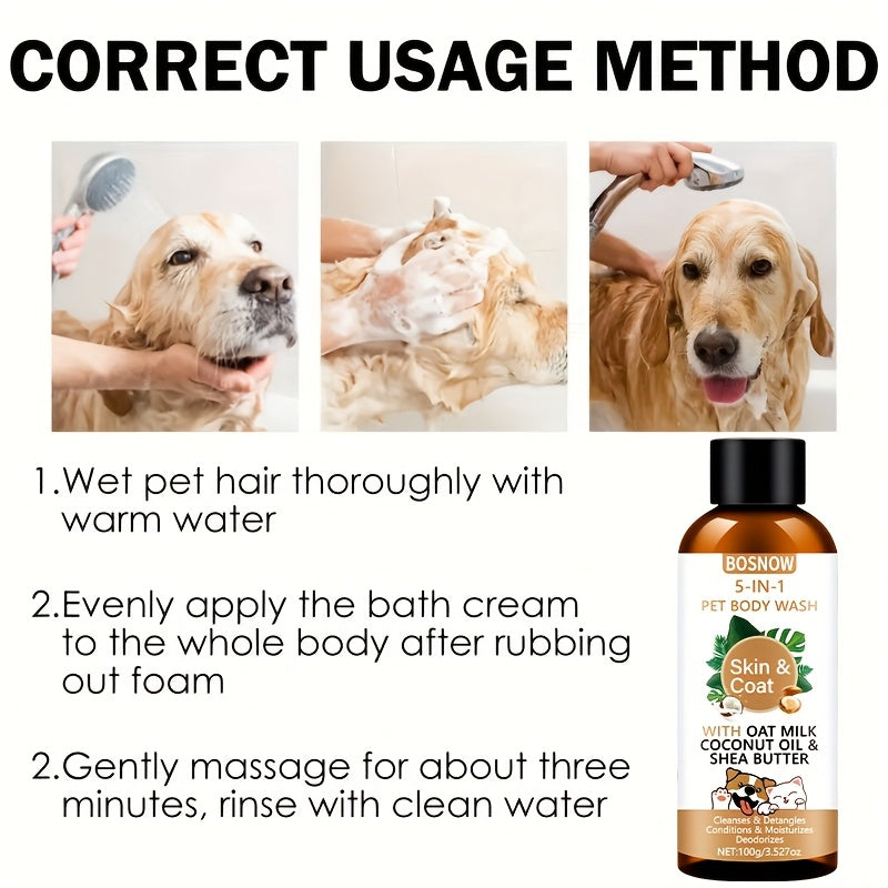 Gel douche 5 en 1 pour animaux, nettoyage doux à l'avoine, à l'huile de coco et au beurre de karité, parfum rafraîchissant, soin des poils, pelage lisse et brillant, facile à peigner, douceur longue durée - Convient à tous les animaux, stade adulte