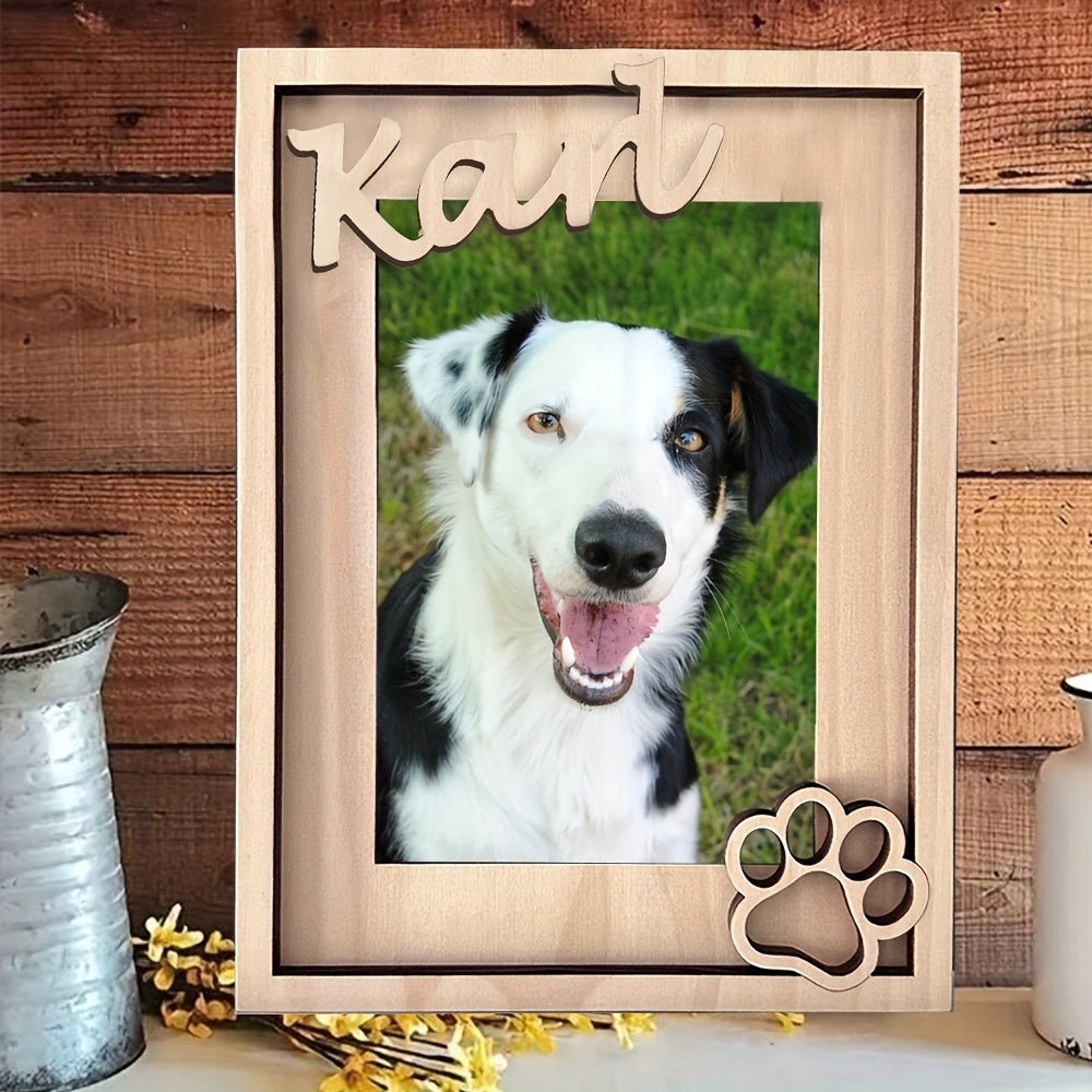 Cadre photo personnalisé pour animaux de compagnie avec nom et empreinte de pattes, en bois