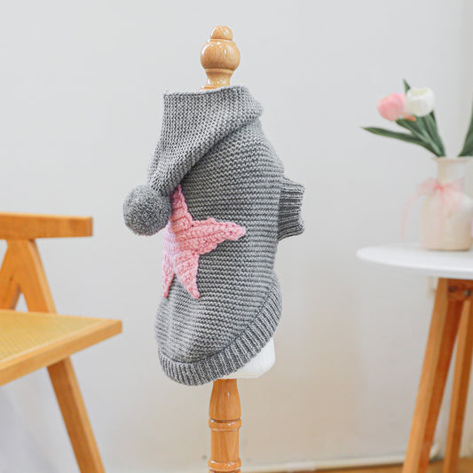 Pull à capuche tricoté pour chien, gris avec étoile rose dans le dos, pompon sur la capuche, bien chaud, facile à enfiler