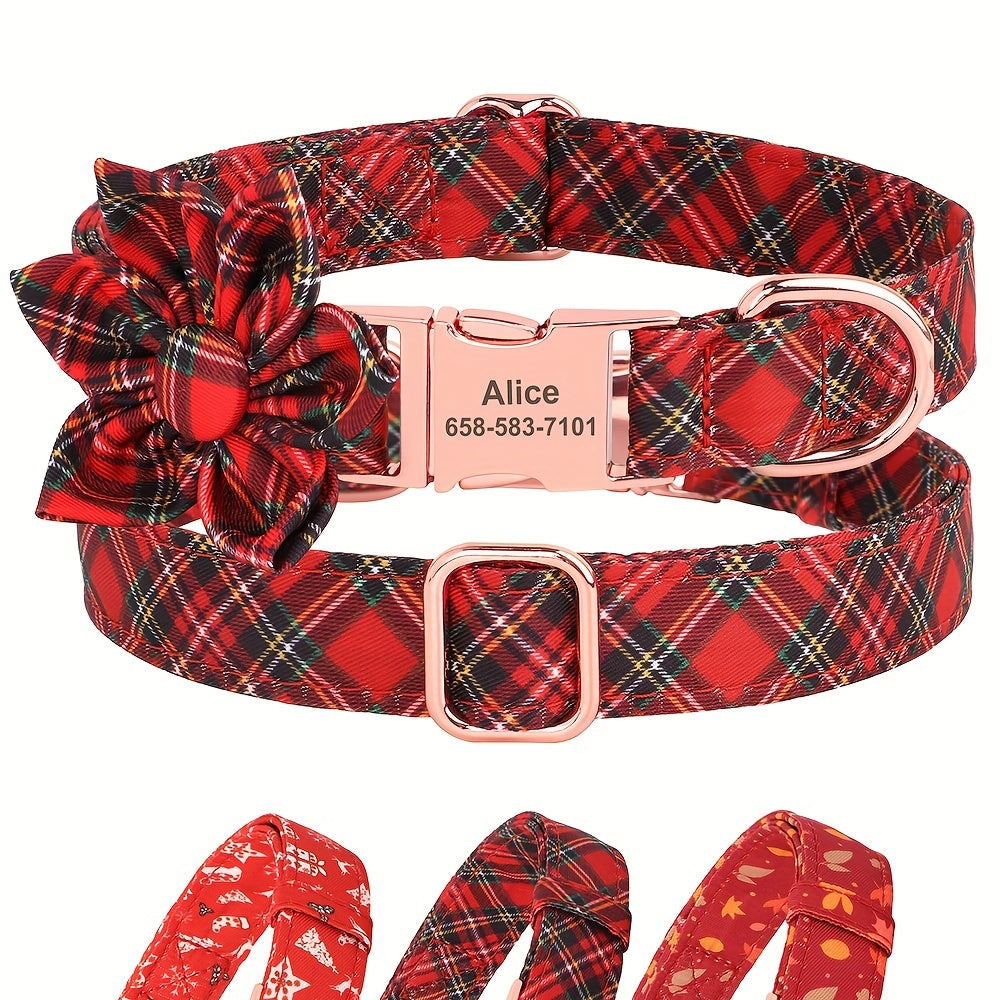 Personalized Small, Medium, Large Dog Collars - Customizable Flower Pattern, Plaid Design, Adjustable, Durable, ID Tag, Pet Name, Gift Idea - Perfect for Christmas, Holiday Season