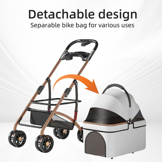 Poussette pour chien et chat 2 en 1, multifonctionnelle avec 4 doubles roues, tout terrain, panier amovible, pliable et compacte, en maille respirante, jusqu'à 25 kg, grise