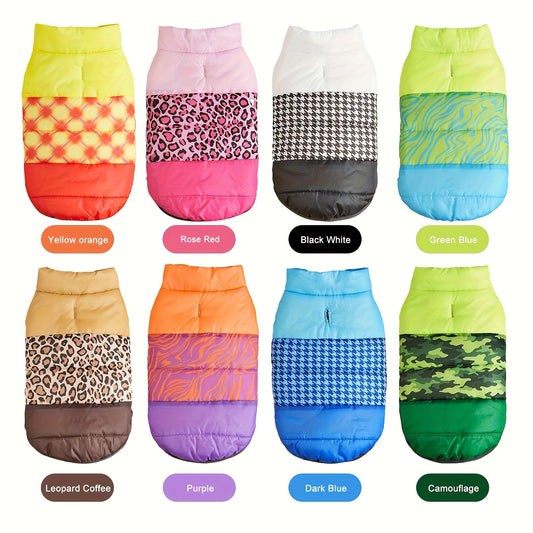 Manteau d'hiver rembourré, patchwork tricolore, pour chiens, diverses couleurs et divers motifs