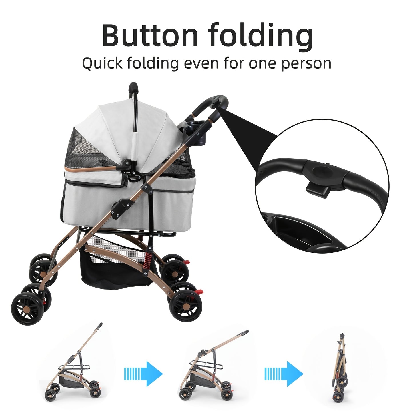 Poussette pour chien et chat 2 en 1, multifonctionnelle avec 4 doubles roues, tout terrain, panier amovible, pliable et compacte, en maille respirante, jusqu'à 25 kg, grise