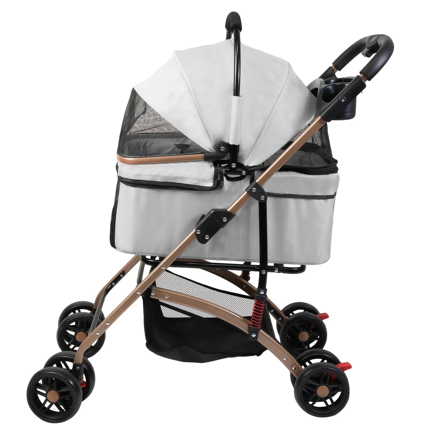 Poussette pour chien et chat 2 en 1, multifonctionnelle avec 4 doubles roues, tout terrain, panier amovible, pliable et compacte, en maille respirante, jusqu'à 25 kg, grise