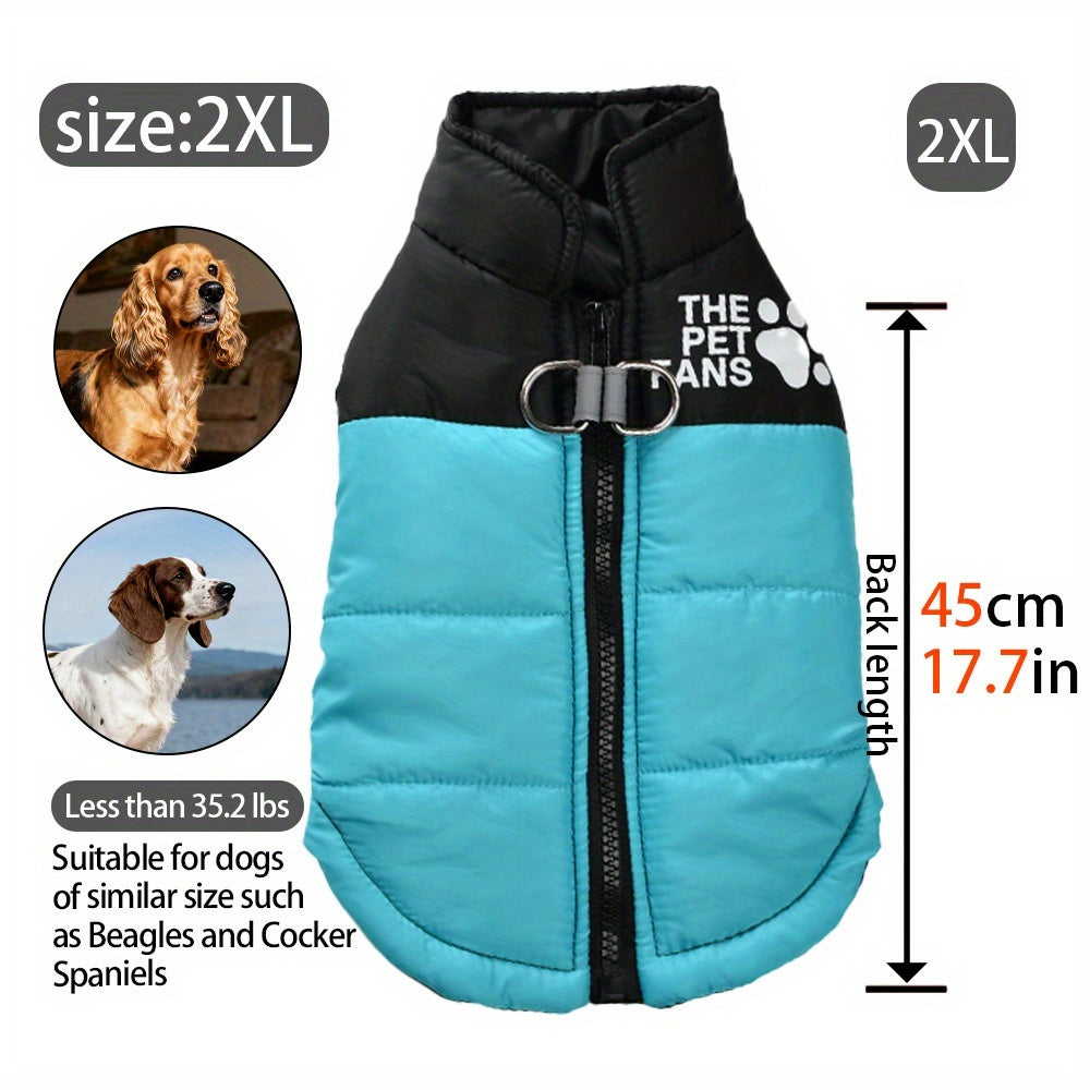 Veste pour chien toutes tailles Manteau d'hiver chaud avec fermeture éclair sur toute la longueur et col imprimé pattes - Turquoise et noir Manteau léger pour chiens de petite, moyenne et grande taille - Pull facile à enfiler et à retirer