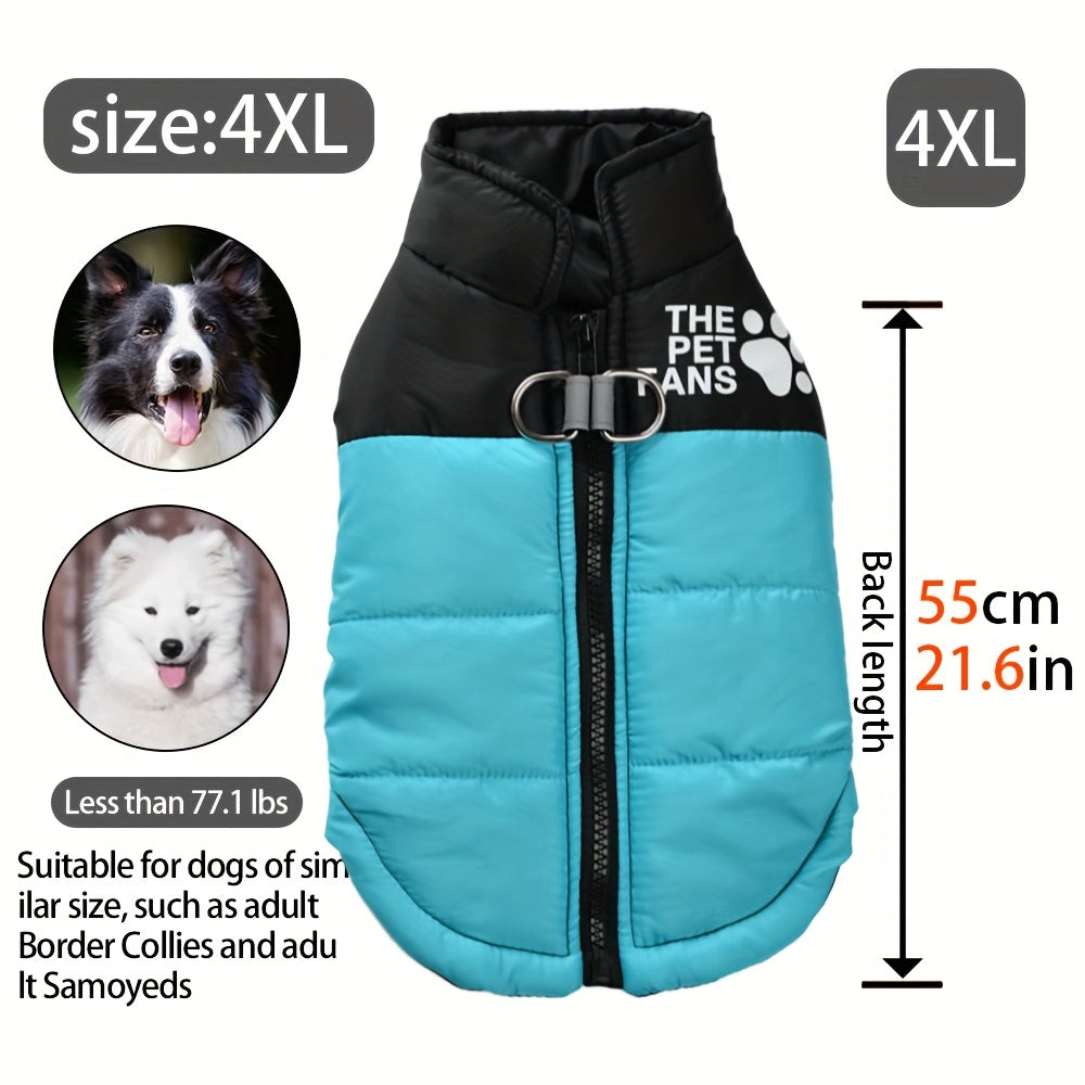 Veste pour chien toutes tailles Manteau d'hiver chaud avec fermeture éclair sur toute la longueur et col imprimé pattes - Turquoise et noir Manteau léger pour chiens de petite, moyenne et grande taille - Pull facile à enfiler et à retirer