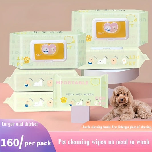 160 lingettes pour chiens et chats, bain sans rinçage, lingettes humides nettoyantes pour pattes, poils, taches de larmes et usage quotidien, lingettes jetables