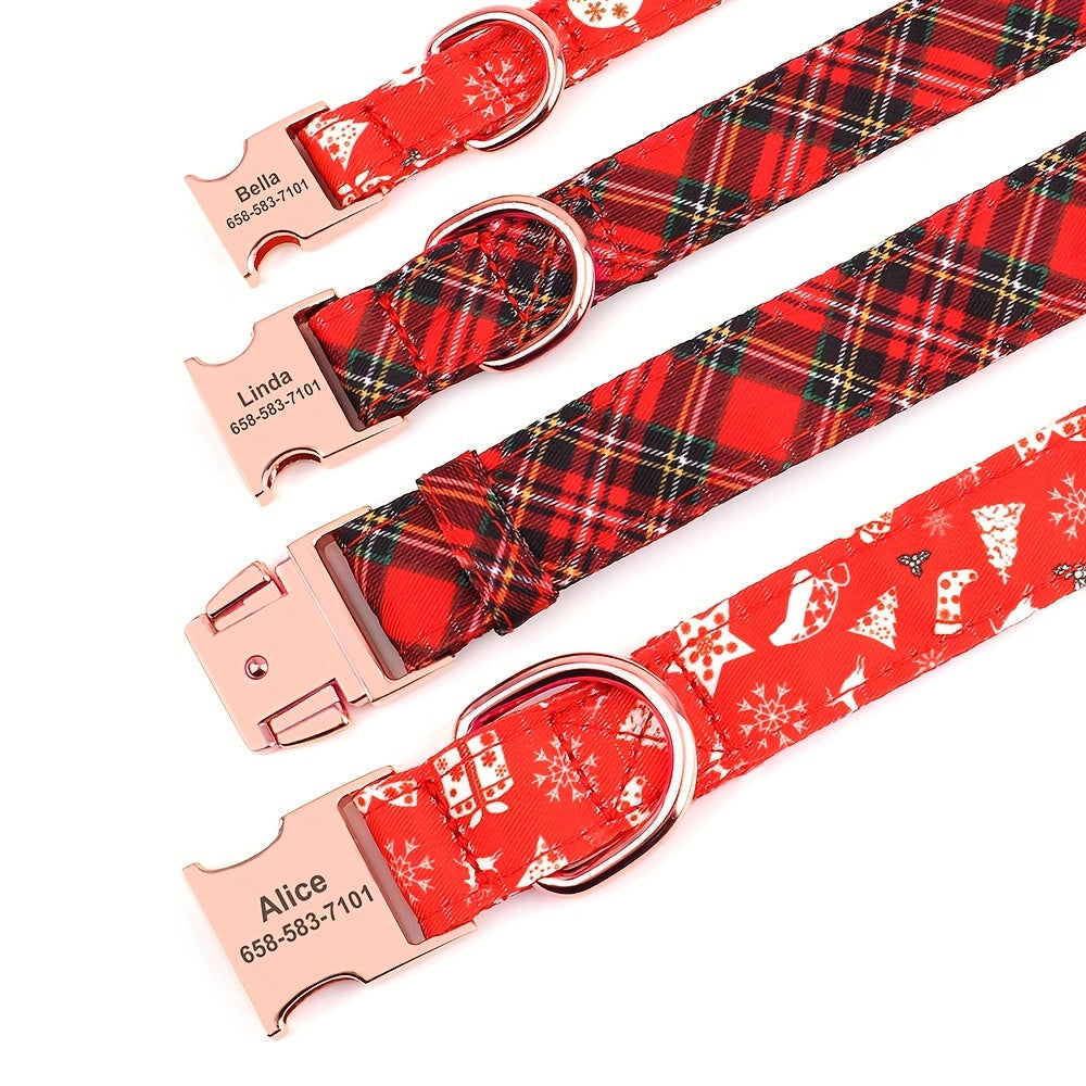 Personalized Small, Medium, Large Dog Collars - Customizable Flower Pattern, Plaid Design, Adjustable, Durable, ID Tag, Pet Name, Gift Idea - Perfect for Christmas, Holiday Season