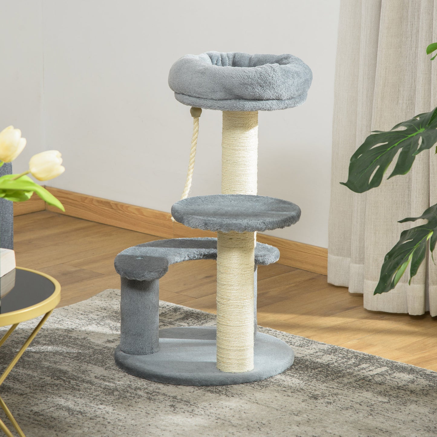 Arbre à chat avec 2 poteaux à griffer, 2 plateformes en poils courts, 1 lit, 1 corde à grimper, Gris