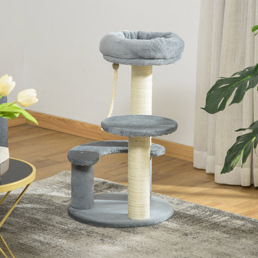 Arbre à chat avec 2 poteaux à griffer, 2 plateformes en poils courts, 1 lit, 1 corde à grimper, Gris