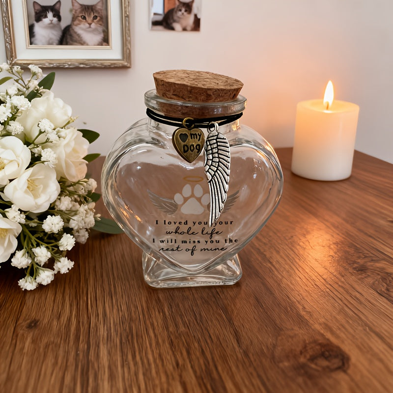 Bouteille commémorative pour les poils de chiens et de chats en forme de cœur