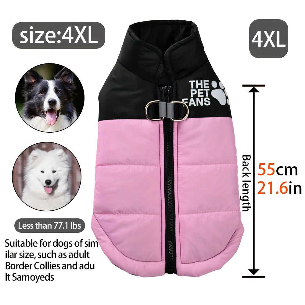 Veste pour chien toutes tailles Manteau d'hiver chaud avec fermeture éclair sur toute la longueur et col imprimé pattes - Turquoise et noir Manteau léger pour chiens de petite, moyenne et grande taille - Pull facile à enfiler et à retirer