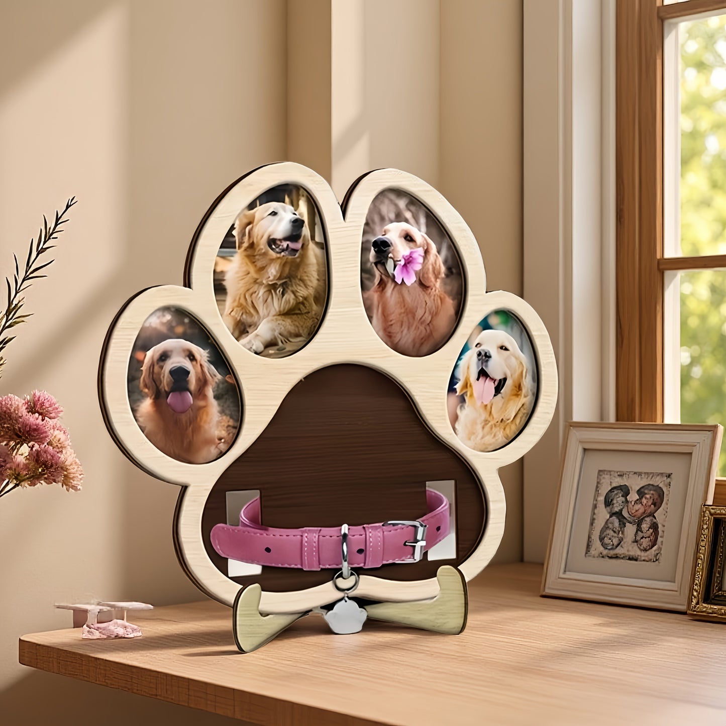 Cadre photos commémoratif avec support, en bois plat 2D, en forme de patte de chien - disposition de 4 photos + emplacement pour mettre le collier de votre animal disparu