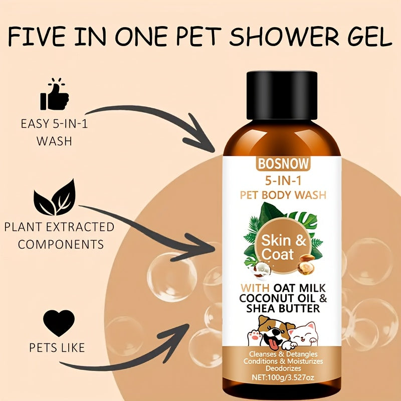 Gel douche 5 en 1 pour animaux, nettoyage doux à l'avoine, à l'huile de coco et au beurre de karité, parfum rafraîchissant, soin des poils, pelage lisse et brillant, facile à peigner, douceur longue durée - Convient à tous les animaux, stade adulte
