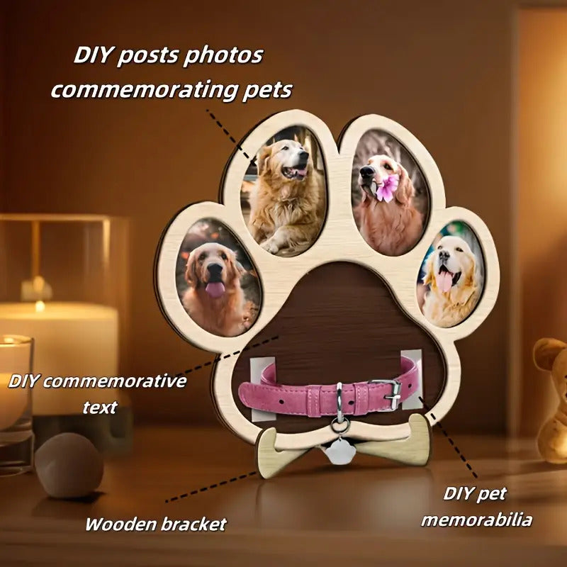 Cadre photos commémoratif avec support, en bois plat 2D, en forme de patte de chien - disposition de 4 photos + emplacement pour mettre le collier de votre animal disparu