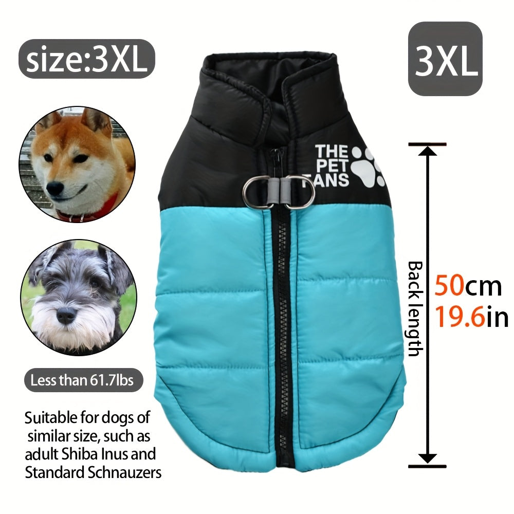 Veste pour chien toutes tailles Manteau d'hiver chaud avec fermeture éclair sur toute la longueur et col imprimé pattes - Turquoise et noir Manteau léger pour chiens de petite, moyenne et grande taille - Pull facile à enfiler et à retirer