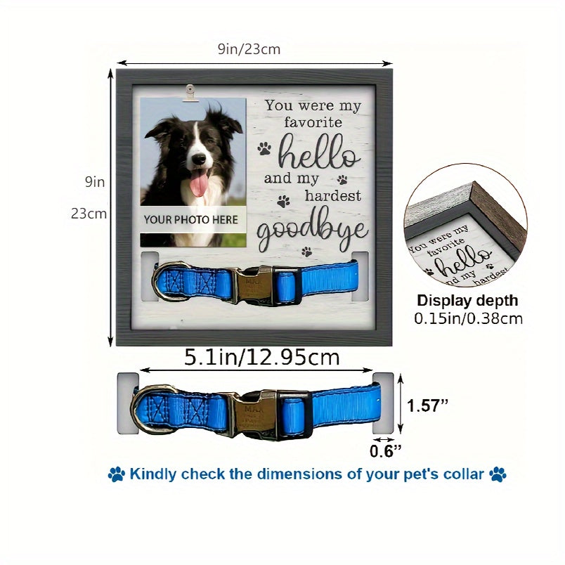 Cadre photo commémoratif en bois pour animaux de compagnie, avec gravure « Favorite Hello and Hardest Goodbye », emplacement pour une photo et un emplacement pour accrocher le collier de votre animal disparu