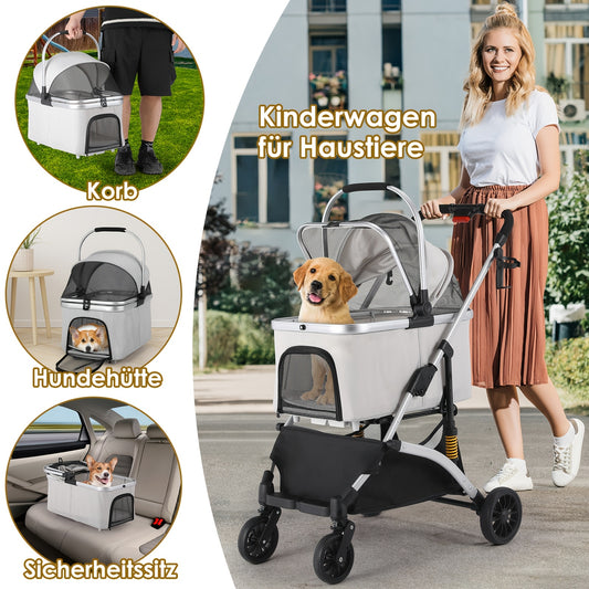 Poussette pour chien et chat, conception pliable, poussette 3 en 1 avec panier couvert, fenêtre en filet, porte-gobelet et roues en caoutchouc durables à 360°, idéale pour les longues promenades en extérieur, diverses couleurs