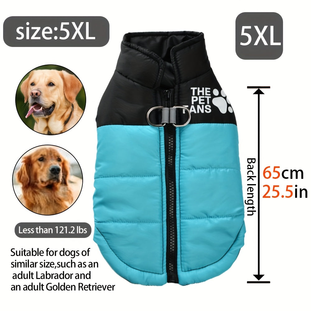 Veste pour chien toutes tailles Manteau d'hiver chaud avec fermeture éclair sur toute la longueur et col imprimé pattes - Turquoise et noir Manteau léger pour chiens de petite, moyenne et grande taille - Pull facile à enfiler et à retirer