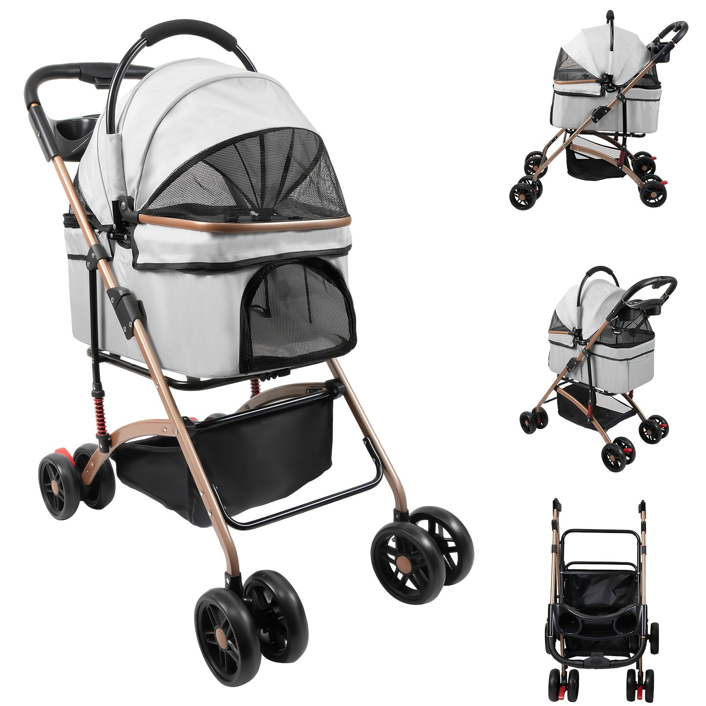Poussette pour chien et chat 2 en 1, multifonctionnelle avec 4 doubles roues, tout terrain, panier amovible, pliable et compacte, en maille respirante, jusqu'à 25 kg, grise