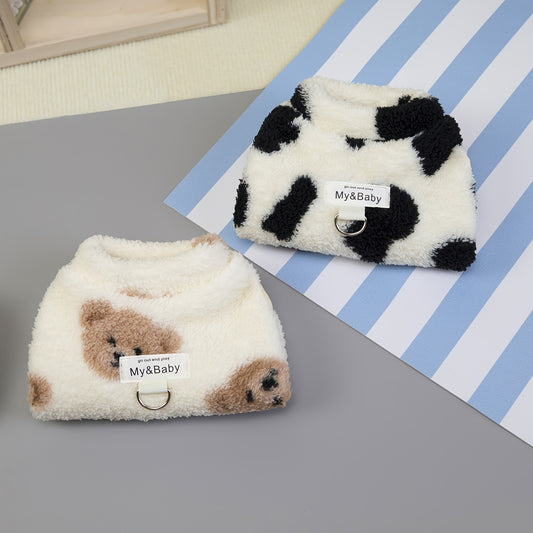 Pull pour chien en polaire, tout doux et bien chaud, motifs d'ourson ou de vache avec 1 anneau intégré pour partir en balade