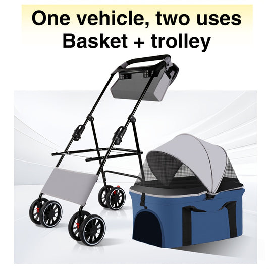 Poussette pour chien et chat 3 en 1, multifonctionnelle avec 4 doubles roues, tout terrain, panier amovible, pliable et compacte, en maille respirante, diverses couleurs