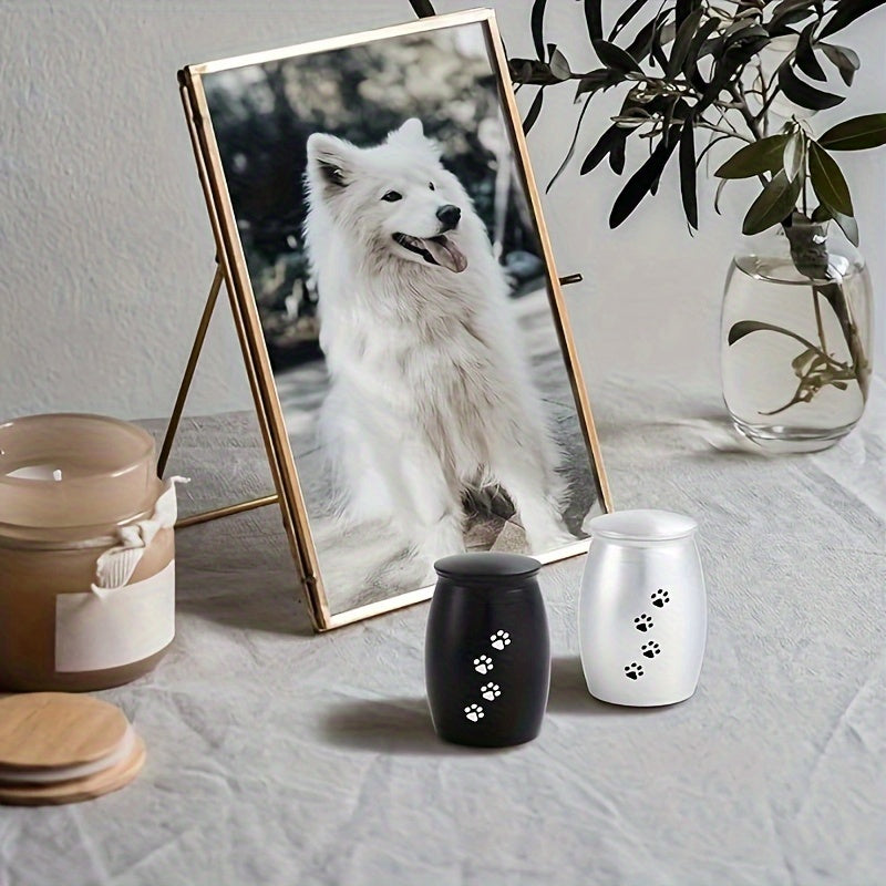 Paire d'urnes funéraires miniatures noires et argentées pour animaux de compagnie - Contenants en aluminium pour les cendres et les poils de chiens ou de chats, ornées d'une empreinte de patte