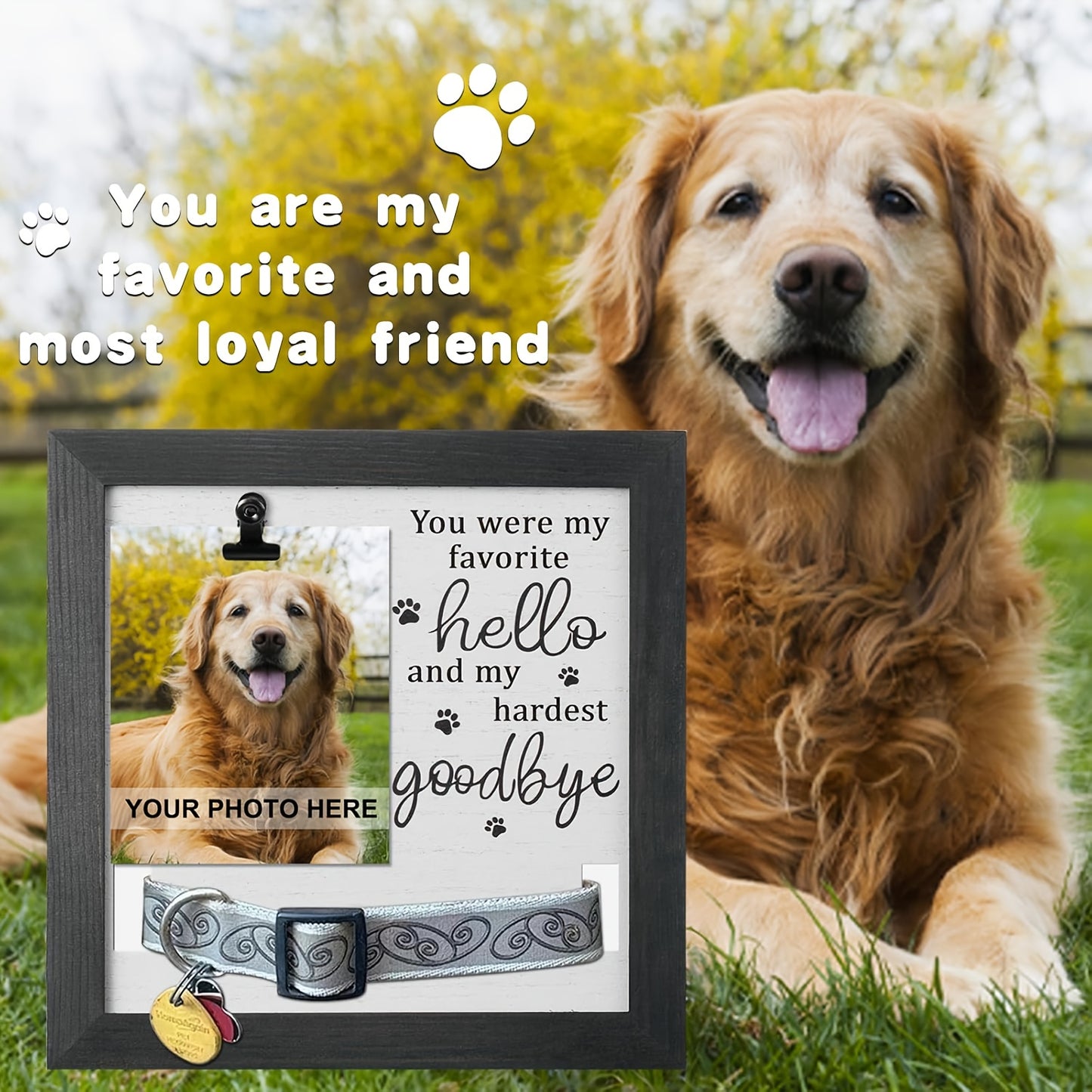 Cadre photo commémoratif en bois pour animaux de compagnie, avec gravure « Favorite Hello and Hardest Goodbye », emplacement pour une photo et un emplacement pour accrocher le collier de votre animal disparu