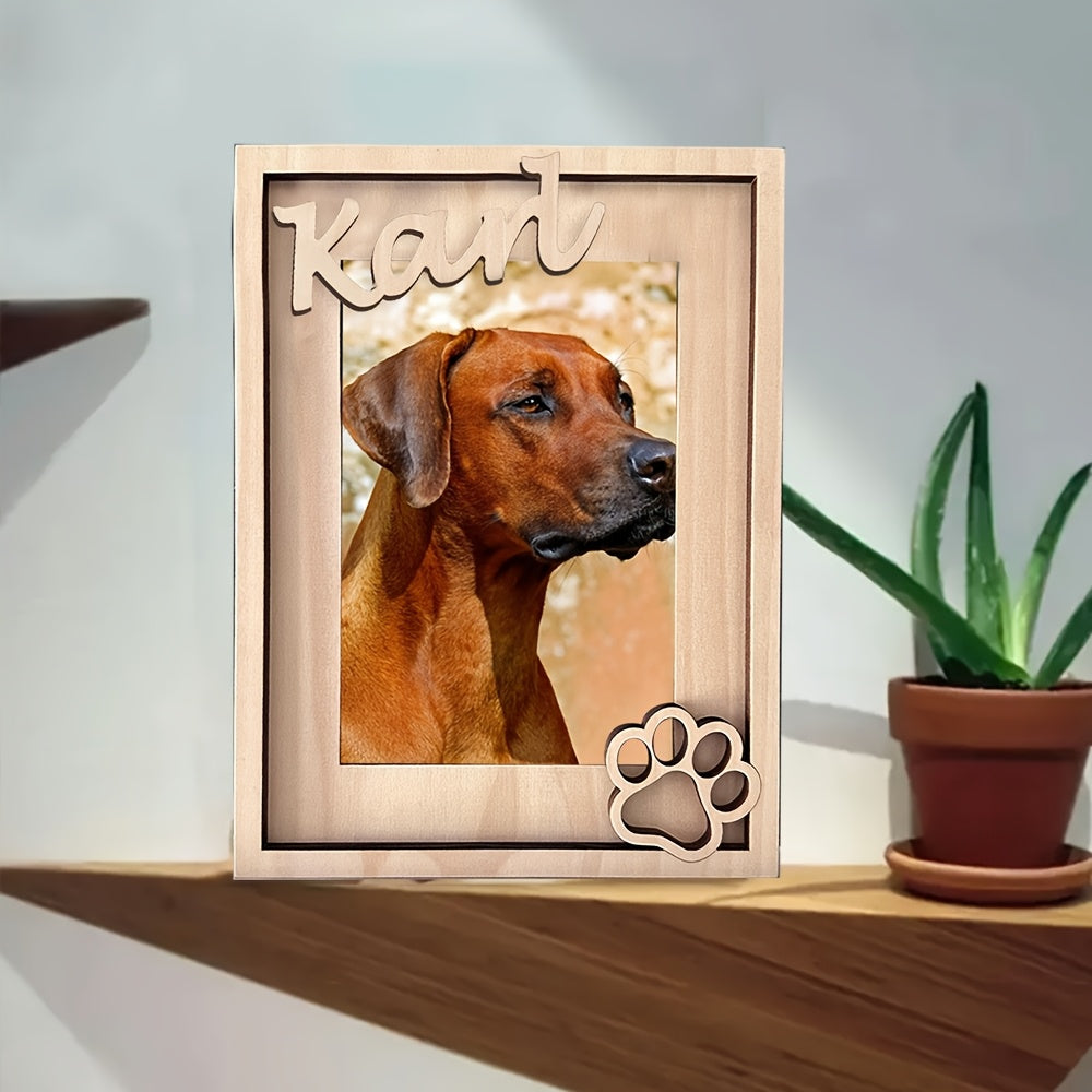 Cadre photo personnalisé pour animaux de compagnie avec nom et empreinte de pattes, en bois
